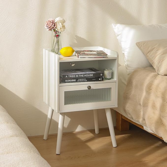 AWASEN White Nightstand with Charging Station, Modern Bedside Table with Glass Decorative Drawer, Small End Side Table with 2 Tiers Storage Space, for Bedroom, Office and Small Space(White)