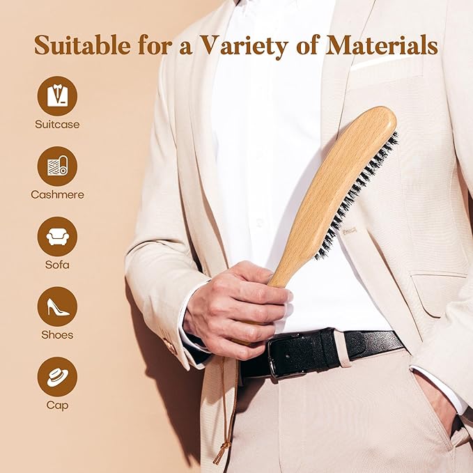 BFWood Clothes Brush - Boar Bristle Hat Brush Lint Brush for Suits, Cashmere, Wool, Velvet, Suede and Pet Hair - Large Beech Handle