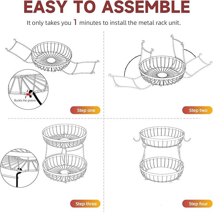 2 Tier Fruit Basket for Kitchen Counter with 2 Banana Hangers, Metal Stackable Fruit Bowl for Kitchen Counter for Bread Vegetable Fruits, Black