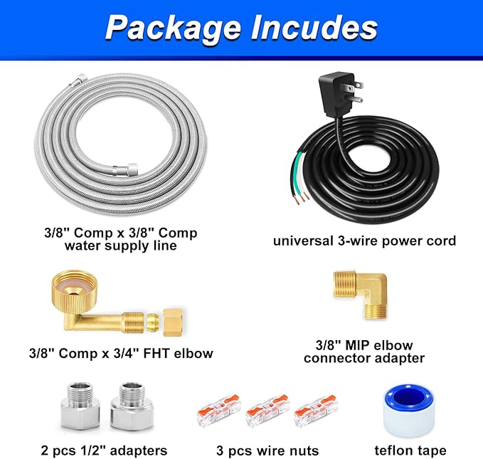 Dishwasher Installation Kit - 6 FT Stainless Steel Dishwasher Hose with 3/8" Compression Connections,Food Grade PEX Inner Tube Dishwasher Water Supply Line with Elbows,Adapters and 6 FT Power Cord
