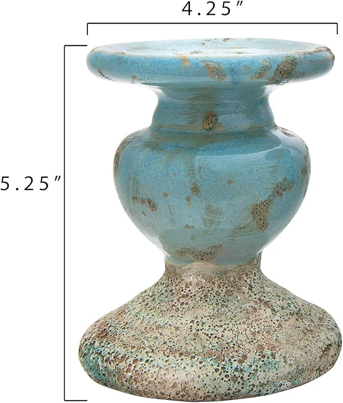 Creative Co-Op Small Distressed Blue Terracotta Pillar Candle Holder