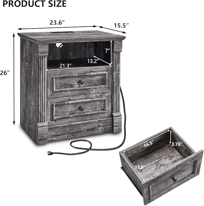 26" Tall Farmhouse Nightstand Set of 2, 2 Drawers End Table w/Charging Station, 23.6" Wide Large Side Table w/Roman Column, Wood Rustic Sofa Table w/Open Shelf, Bedside Table for Bedroom, Light Gray