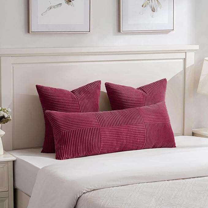 Fancy Homi 2 Packs Burgundy Big Decorative Throw Pillow Covers 24x24 Inch for Living Room Couch Bed Sofa, Rustic Farmhouse Boho Home Decor, Soft Corss Corduroy Patchwork Accent Cushion Case 60x60 cm