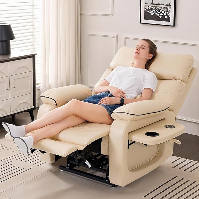 Dual Motor Power Lift Recliner Chair for Adult & Elderly, Infinite Position Lay Flat Lift Chair with Heat & Massage, Cup Holder, Lumbar Pillow, Wireless Charger, USB Ports, Leather (Beige)