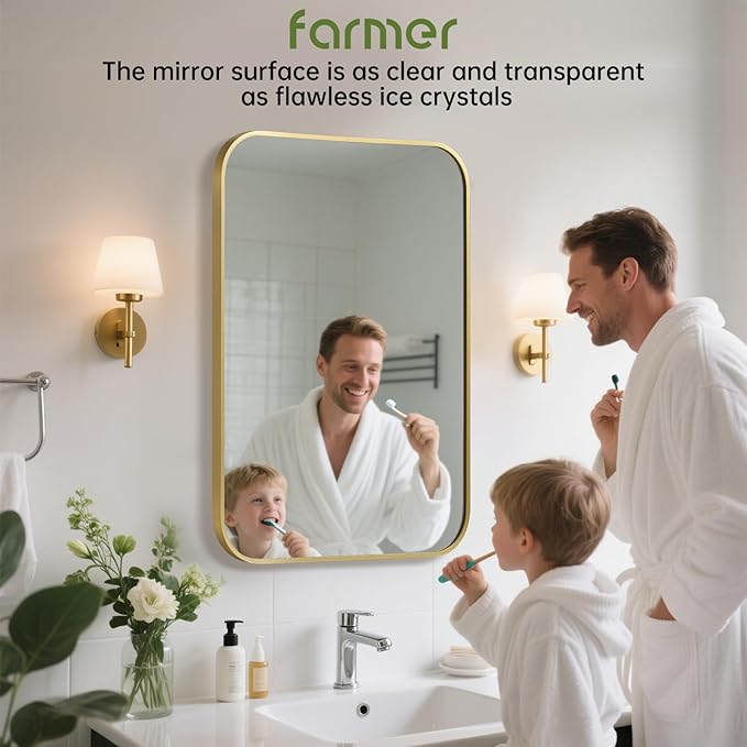 FARMER 16x24 Inch Gold Bathroom Mirror, Rectangle Vanity Mirror, Brushed Mirrors for Wall, Metal Frame Hanging Mirror with Round Corner for Bedrooms, Entryways, Living Rooms, Horizontal/Vertical