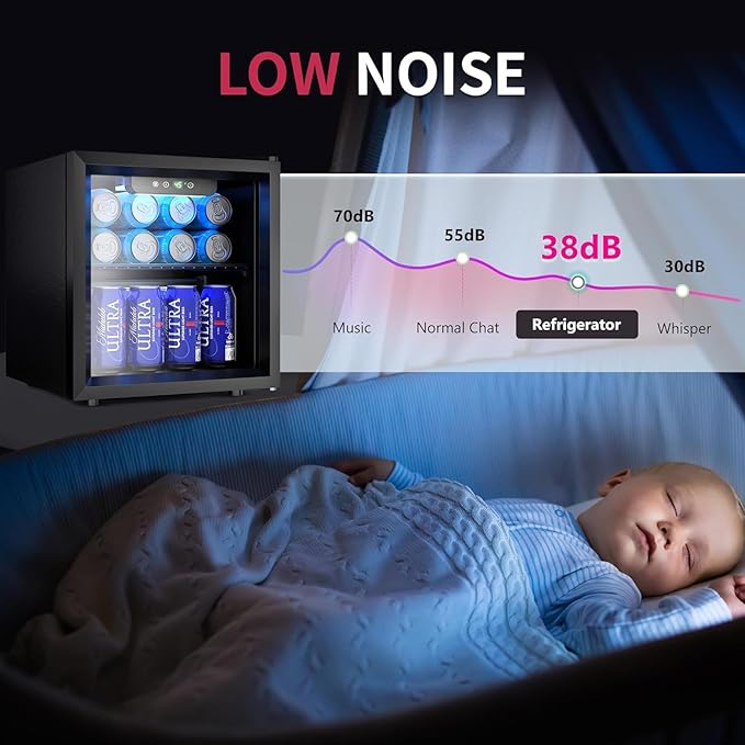 48 Can Beverage Refrigerator Cooler, Mini Fridge Glass Door with Adjustable Shelves, Freestanding Beverage Fridge with Blue LED for Home/Office/Dorm/Bar, 1.3 Cu.ft