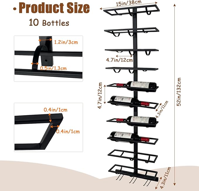 20 Bottle Wall Mount Wine Rack with Wine Glass Holder, Metal Wine Wall Rack, Wall Racks for Wine Bottles Display and Storage, Hanging Bottle Organizer for Living Dining Room Wine Cellar Bar (Black)