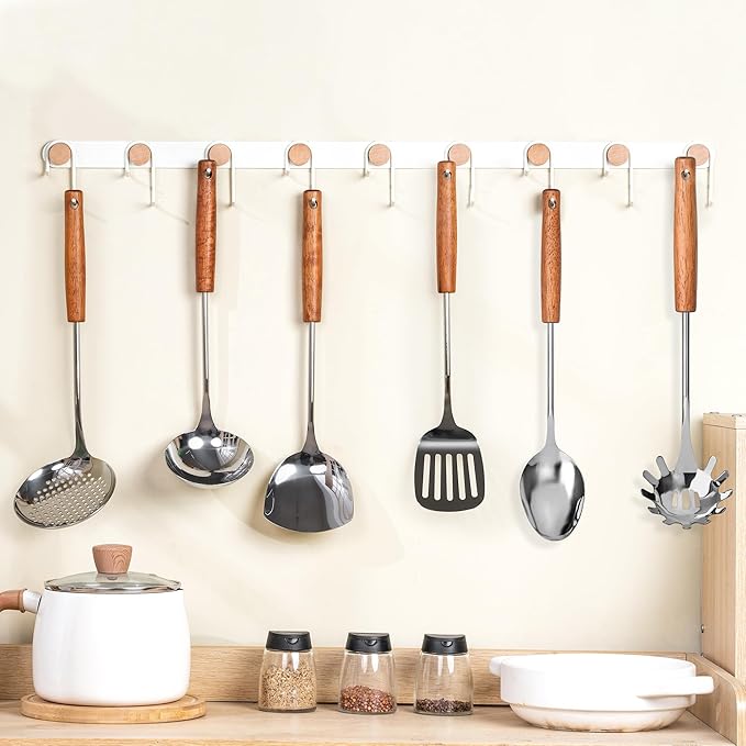 FJNATINH Stainless Steel Kitchen Utensils Set with Wood Handle Nonstick Stainless Steel Cooking Utensils Set with Turners,Spatula,Ladle,Skimmer,Solid Spoon,Pasta