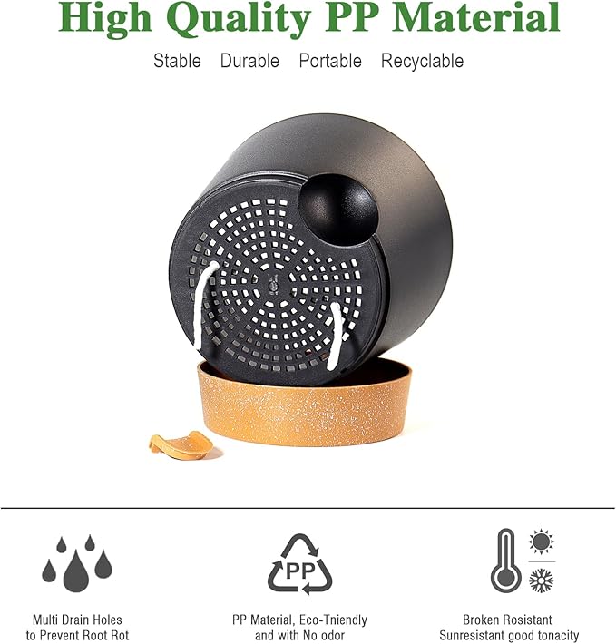 Self Watering Pots for Indoor Plants,12 inch Planters with Drainage Holes Plastic Flower Pots with Deep Reservoir, Black with Brown