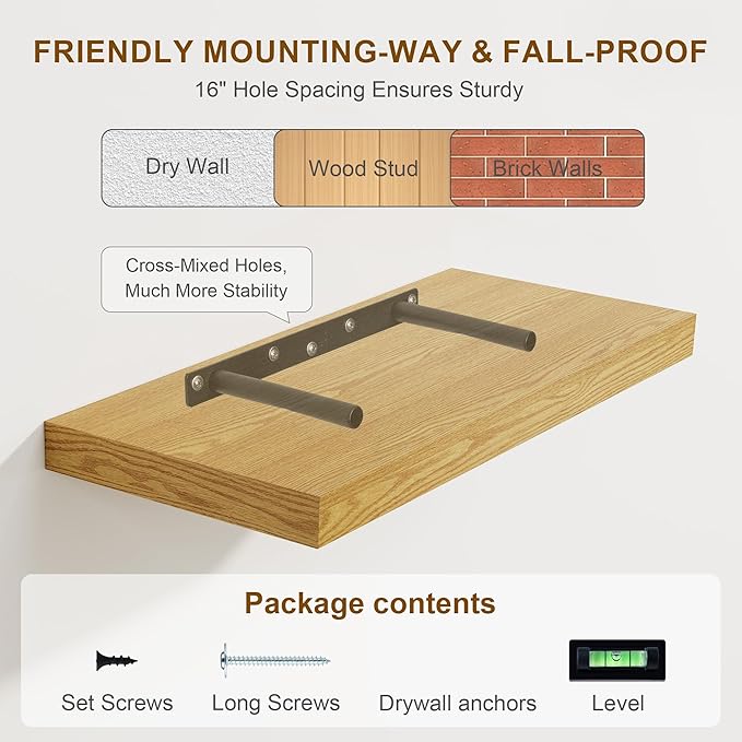 Fun Memories Floating Shelves 36 Inch Long, Deep Floating Shelf for Wall, 36 x 8 Floating Shelves Set of 2, 8 Inch Deep Wall Shelf for Living Room, Kitchen, Bedroom, Large Storage Shelves, Oak Color