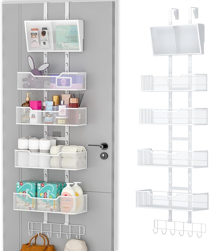 Adjustable Over The Door Organizer, Hanging Door Storage with PVC Pocket and 4 Metal Baskets Wall Mount, Closet Door Organizer Behind Door Rack for Bathroom Bedroom Closet, White
