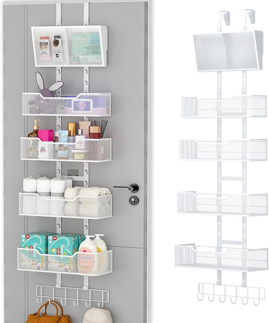 Adjustable Over The Door Organizer, Hanging Door Storage with PVC Pocket and 4 Metal Baskets Wall Mount, Closet Door Organizer Behind Door Rack for Bathroom Bedroom Closet, White