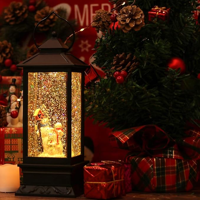 Eldnacele Christmas Snow Globe Lantern with Music, Battery Operated Lighted Swirling Glitter Water Lantern with Timer for Christmas Home Decoration, Snowman