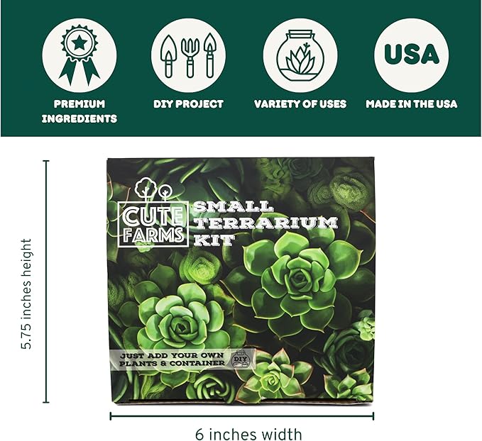 Cute Farms Terrarium Starter Kit | Moss, Vermiculite, Soil, Pebbles, Plant Food, Finishing Tools, Build and Care Guide | DIY Succulent Terrarium for Adults and Kids (Small)