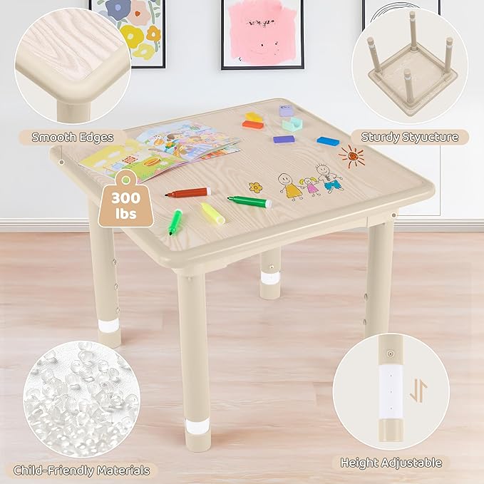 Kids Table and 2 Chairs Set, Height Adjustable (17.7"-26.1") Toddler Table and Chair Set, Multi-Activity Table with Graffiti Desktop, Children’s Table and Chairs for Classroom, Home & Daycare