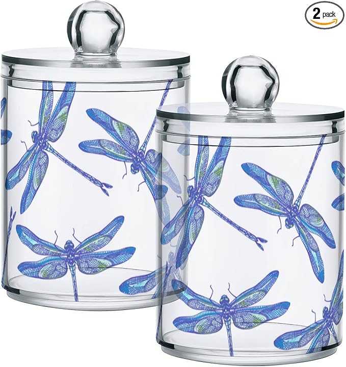 2 Pack Qtip Holder Organizer Dispenser Dragonflies Bathroom Storage Canister Cotton Ball Holder Container for Cotton Swabs/Pads/Floss