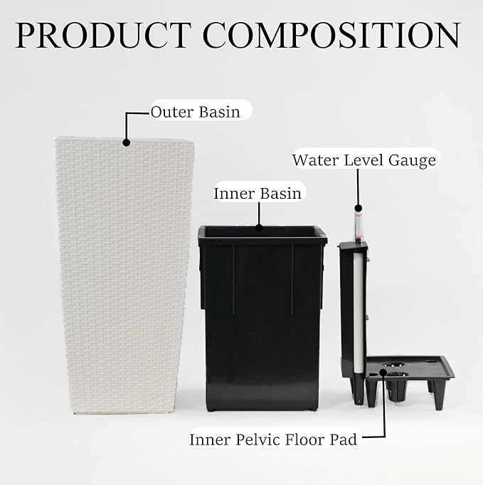 30in Tall Large Plant Pots Planter-Self-Watering Indoor/Outdoor Planting with Drain Holes, Water Level Monitor, Inner Bucket for Front Porch Patio, White Large