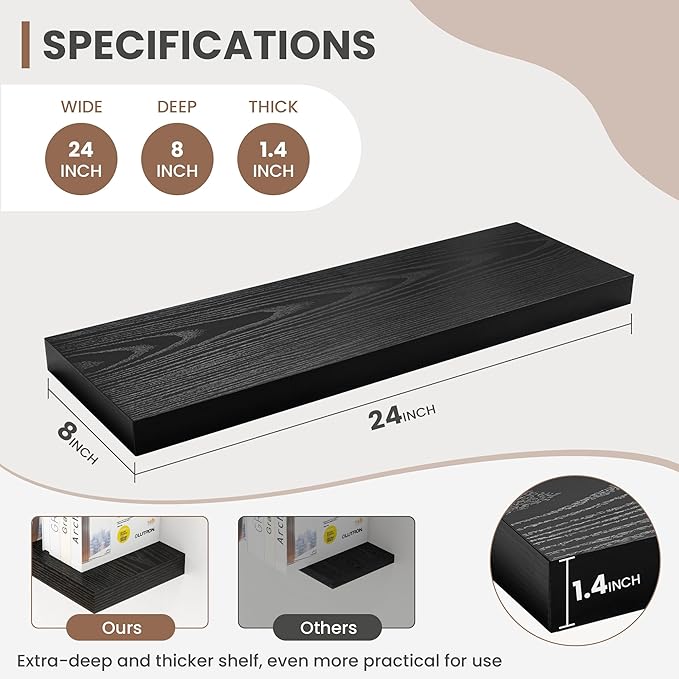 24 Inch Floating Shelves, 8 Inch Deep Floating Shelves for Wall, Hanging Shelf with Invisible Brackets, Deep Shelves for Bathroom, Bedroom, Living Room, Black, Set of 2