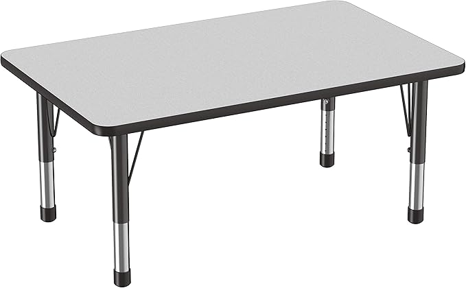 FDP Rectangle Activity School and Classroom Kids Table (30 x 48 inch), Chunky Toddler Legs, Adjustable Height 15-24 inches - Gray Top and Black Edge