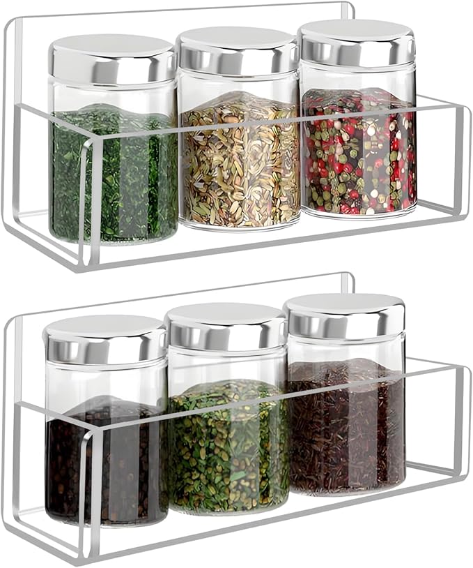Acrylic Spice Rack Wall Mount-6 Inch, Clear Spice Shelf Storage Holder, 2 Pack Hanging Seasoning Rack Organizer for Cabinet Door, Cupboard or Wall Kitchen (Adhesive or Screw)