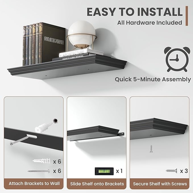 Floating Shelves for Wall, 24 Inch Long Wall Mounted Black Hanging Shelf for Kitchen, Living Room, Office, Bedroom, Bathroom, Retro Vintage Wood Bookshelf for House Decor