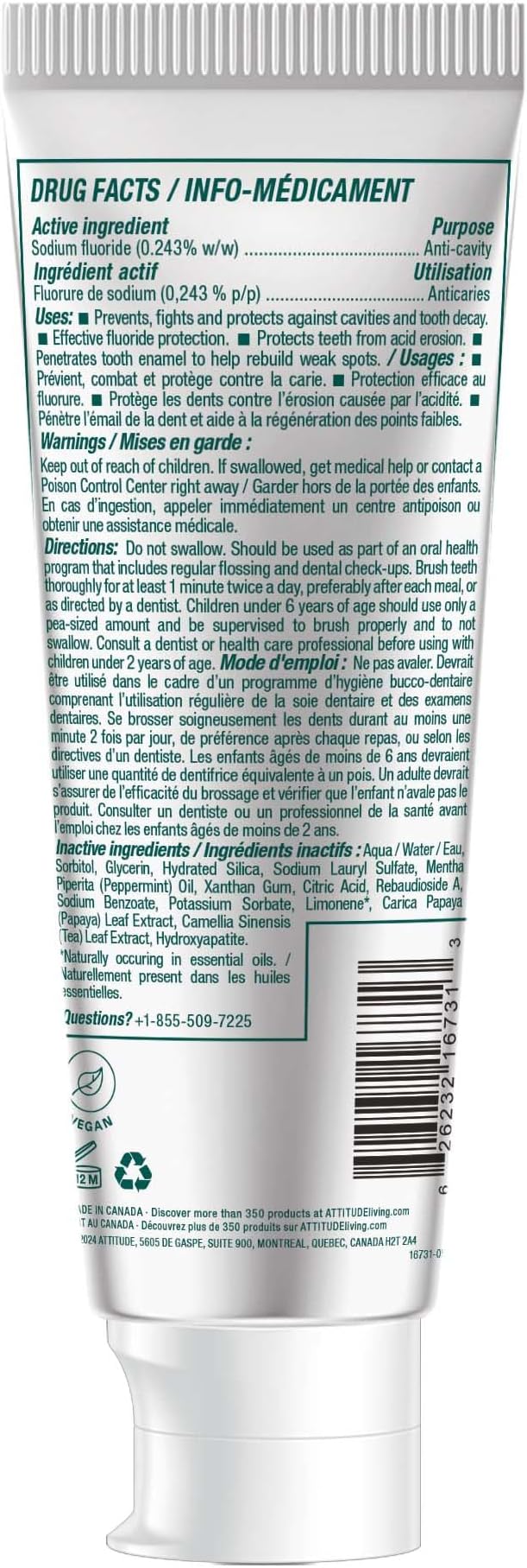 ATTITUDE Whitening Toothpaste with Fluoride, Peppermint Flavor, Vegan & Cruelty-Free, Sugar-Free, Plant & Mineral-Based Ingredients, Clean Oral Care, 4.2 Oz