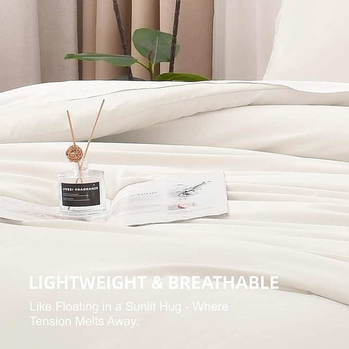 Litanika Ivory Comforter Set King Size, 3 Pieces Lightweight Solid Bedding Comforter Set, All Season Fluffy Bed Set (104x90In Comforter & 2 Pillowcases)