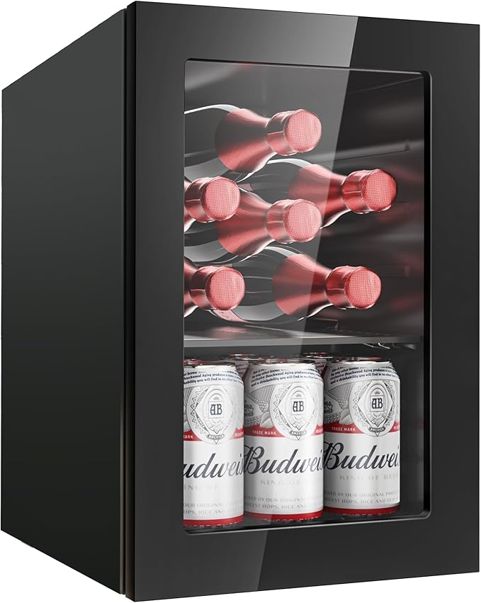 6 Bottles and 6 Cans Compact Beverage Refrigerator, Freestanding Mini Fridge with Temperature Control for Beer Wine, Under Counter Small Refrigerator Adjustable Shelve & Glass Door for Home and Bar