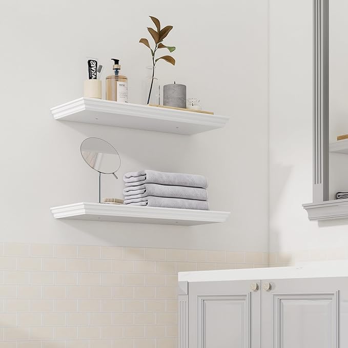 Floating Shelves for Wall, 24 Inch Long Wall Mounted White Hanging Shelf for Kitchen, Living Room, Office, Bedroom, Bathroom, Retro Vintage Wood Bookshelf for House Decor