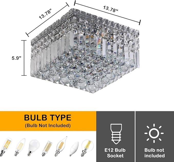 4-Lights Modern Flush Mount Ceiling Light Fixtures,Elegant Crystal Chandelier Pendant Ceiling Lamp for Bedroom,Living Room,Dining Room,Hallway H5.9 x W13.7 x L13.7 (Bulbs Not Included) Square