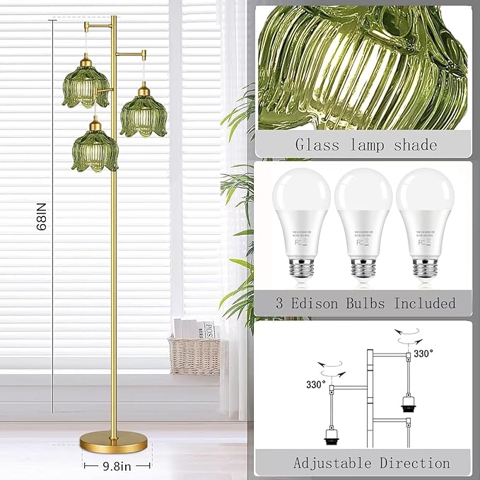Gold Floor Lamp for Living Room,Bedroom,Mid Century Modern Standing Lamp Brass Tree 3 Light Tall Floor Lamps Vintage Retro Floor Lights Glass Green Flower Lamp Shade Farmhouse Boho Bohemian