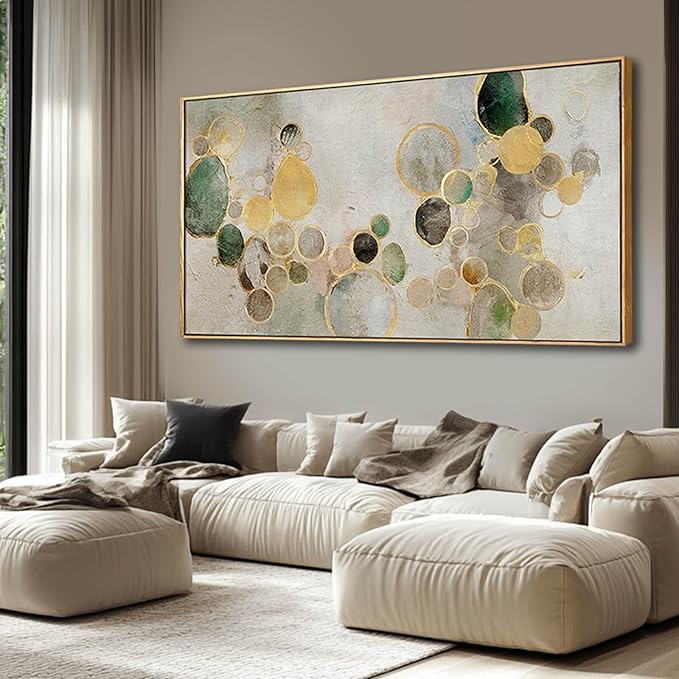 Abstract Canvas Wall Art Gold Circle Painting Green Artwork Framed Wall Prints 29"x 58" Office Wall Decor Colorful Pictures for Living Room Bedroom