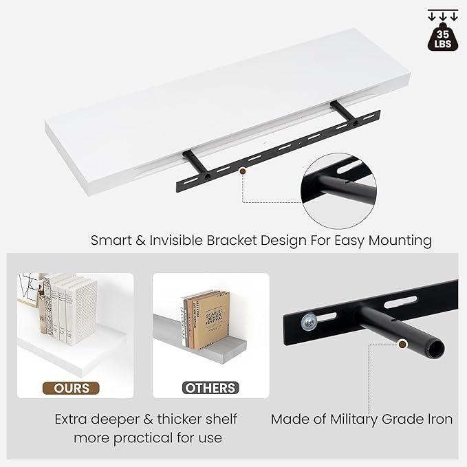 Floating Wood Shelves for Wall 16 Inches x 8”x 1.4” Shelf Floating Home Decor, Heavy Duty Shelf Hold 35 lbs, Wall Shelves for Bathroom Living Room Kitchen Bedroom Office - Set of 2 White