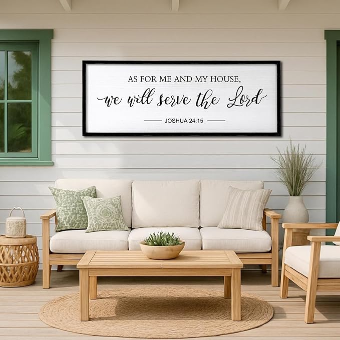 As for Me and My House We Will Serve the Lord Wall Decor - 40" x 15" Large Rustic Family Living Room Wood Framed Home Sign Joshua 24 15 Christian Bible Verse Plaque Hanging Wall Art(Black)