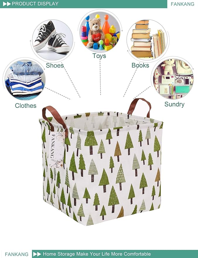 FANKANG Square Nursery Hamper Storage Bins Canvas Laundry Basket Foldable with Waterproof PE Coating Large Storage Baskets Gift Baskets for Children Office Bedroom ClothesToys (SquareGreen forest)