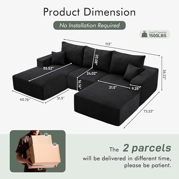 Boneless Sectional Cloud Couch Sofa for Living Room, 112" U-Shaped Modular Modern Lounge Sleeper Black Couches with Chaise, No Assemble, Cordury Compression Upholstered Sofas