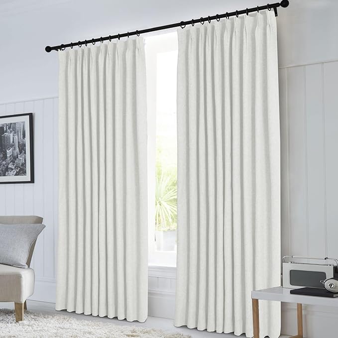 Macochico 100”Wx102”L 100% Blackout Pinch Pleated Linen Curtains for Sliding Door Bedroom Living Room Farmhouse Thermal Insulated Greyish White Burlap Drapes with Tieback 1 Panel Shabby Chic Style
