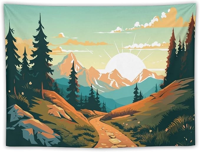 HZOHNAGO Mountain Tapestry Forest Mountain Sunrise Road Pattern Printed Wall Tapestry Wall Hanging for Bedroom Living Room Dorm 40" W x 30" H