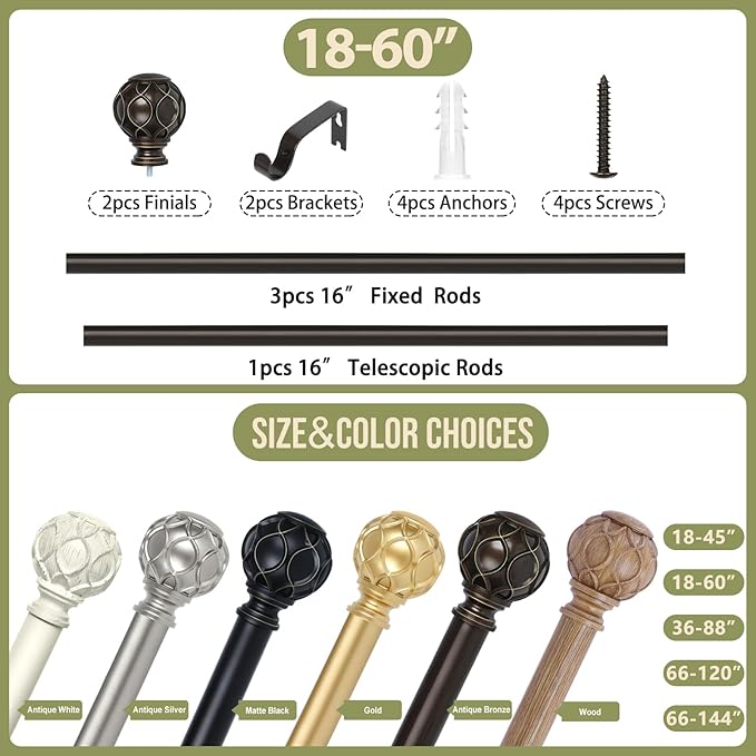 Bronze Farmhouse Curtain Rods for Windows:18-60 Inch Heavy Duty Adjustable Curtain Rod for Bedroom Living Room,Boho Decorative Rustic Drapery Rods with Vintage Coastal Finial,Antique Bronze