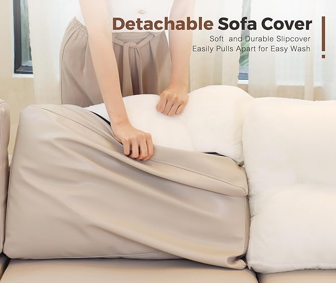 64.6" Faux Leather Loveseat Sleeper Sofa Bed with Storage Seat, Modern Modular Sectional Couch Deep Seat with Reversible Chaise 2-Seat Whitesand for Apartment, Living Room, Bedroom