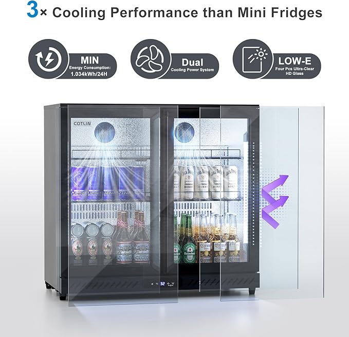 COTLIN 36" W Back Bar Cooler Beer Fridge Undercounter Refrigerator with LOW-E Glass Free Standing Beverage Refrigerator Adjustable Shelves for Soda Beer Wine, ETL NSF Approved