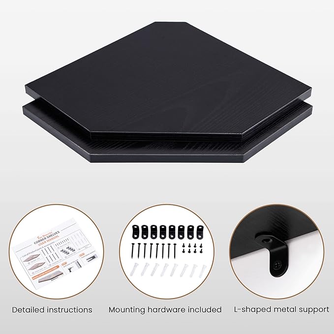 Corner Shelf Wall Mount, Floating Corner Shelves, Set of 2 Corner Wall Shelf Organizer, Rustic Wood Wall Storage Display Shelves for Living Room Bedroom Bathroom Kitchen, Classic Black