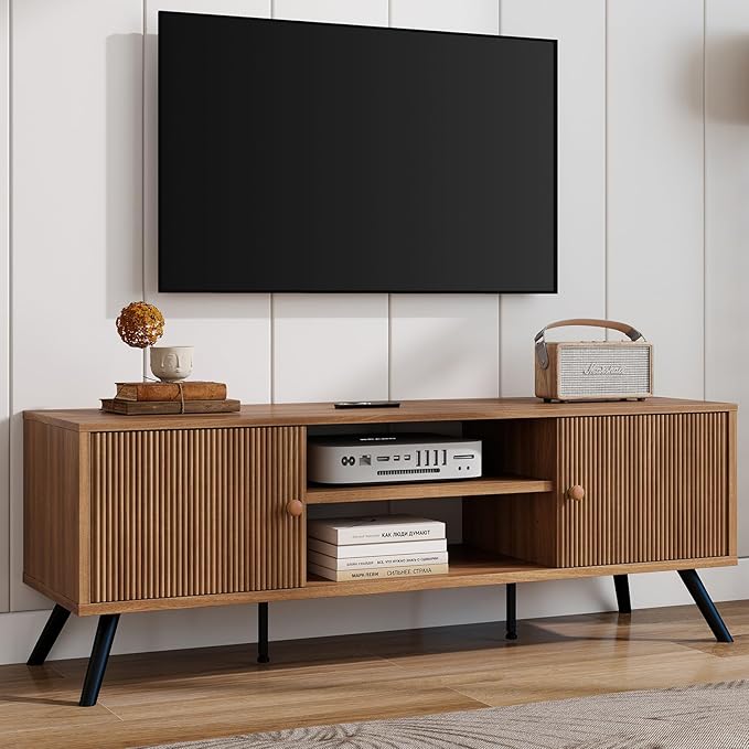 COMHOMA TV Stand for Living Room, Mid Century Modern Entertainment Center for 55/60/65 Inch TVs, Retro Brown TV Console with Fluted Door Cabinets and Open Adjustable Shelve Storage for Bedroom