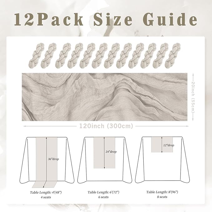 12 Pack Rose Brown Cheesecloth Table Runner 10FT Rustic Gauze Fabric Cheese Cloth Table Runner for Wedding Bridal Baby Shower Table Decor Boho Sheer Birthday Party Table Decorations 20 x 120 Inch Long