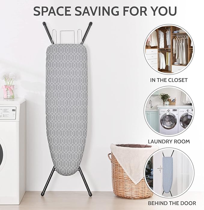 APEXCHASER Full Size Ironing Board with Iron Rest, Lightweight Iron Board with Height Adjustable, Extra Thick Heat-Resistant Cover with Padding, Heavy-Duty Sturdy Metal Legs, 43x13 Grey