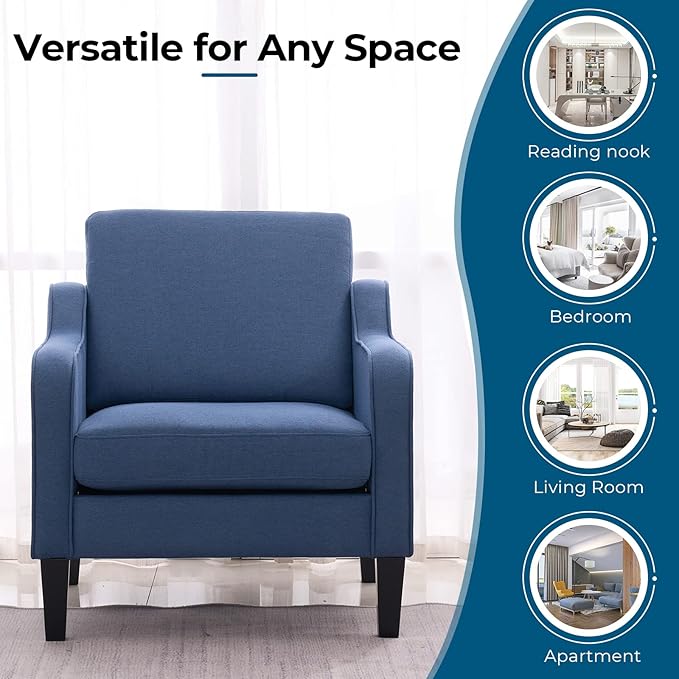 VINGLI Mid Century Modern Accent Chair, Navy Blue Fabric Accent Chairs for Living Room, Upholstered Armchair with Scooped Arms for Bedroom, Apartment, Studio, Office, Waiting Room