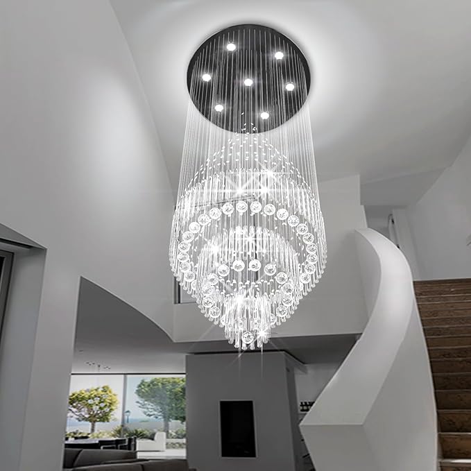 Flashing God D24''XH86'' Modern Foyer Chandelier for High Ceiling Raindrop Crystal Chandelier High Ceiling Pendant Light Fixture for Hallway Living Room (Black Staircase Chandeliers)