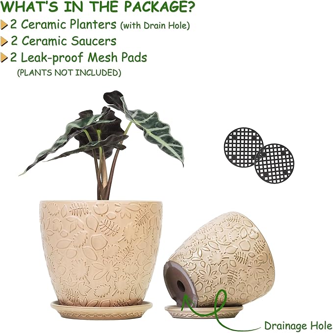 8 Inch + 6 Inch Retro Ceramic Planter Set of 2 with Drainage Hole and Saucer for Multiple Plants, Indoor-Outdoor Garden Pots for Succulent, Orchid, and Flower (Retro Peach)