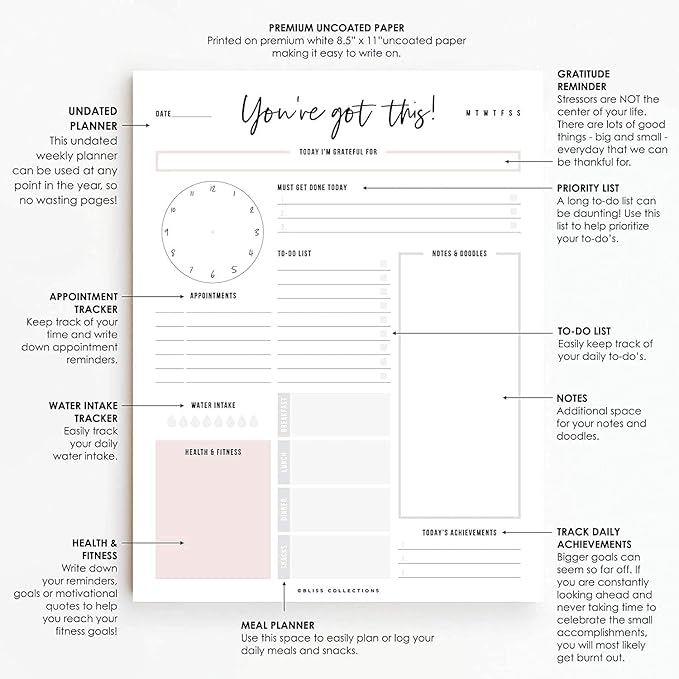 Boost Productivity with Undated Daily Planner - 50 Tear-Off Sheets - Goal Setting, Tasks & Notes - Organization & To-Do List (8.5 x 11)
