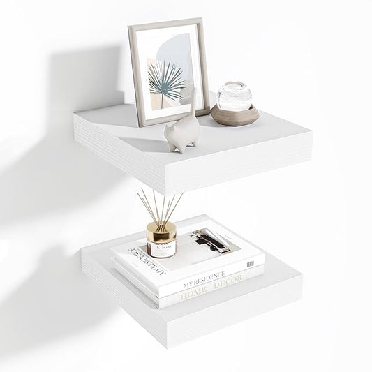 Fun Memories Floating Shelves for Wall 10 Inch, 10 Inch Deep Square Wall Shelves, Bathroom Storage Shelves Over Toilet, Wood Floating Shelves for Living Room Bedroom, White, Set of 2
